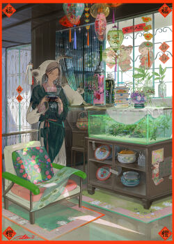 Rule 34 | 1girl, absurdres, animal, animal on shoulder, blue eyes, border, brown hair, brown headscarf, cat, cat on shoulder, chair, china dress, chinese clothes, colorpoint (pattern), commentary, cushion, dao fu, dress, fish tank, floral print, glass bottle, glasses, good fortune symbol, headscarf, highres, holographic interface, illumi999, indoors, lantern, original, plant, plate, red border, seaweed, siamese cat, signature, solo, standing, tassel, thermos, window, wooden floor