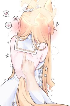 1boy 1girl absurdres animal_ears back back_focus backless_dress backless_outfit bare_back bare_shoulders blonde_hair blue_archive blush bow commentary_request cross_halo detached_sleeves disembodied_hand dress dress_bow ear_blush extra_ears flower fox_ears fox_girl fox_tail from_behind hair_flower hair_ornament halo heart highres loli long_hair petite pov seia_(blue_archive) shared_sense sharp_to_sharp simple_background sleeve_bow solo_focus speech_bubble spoken_heart sweat tail trembling turtleneck turtleneck_dress very_long_hair white_background white_bow white_dress white_flower white_sleeves yellow_bow yellow_halo