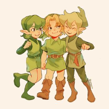 1girl 2boys artist_name belt blonde_hair boots brown_belt brown_boots closed_eyes closed_mouth commentary fado_(wind_waker) fold-over_boots green_belt green_boots green_hair green_hairband green_hat green_pants green_sweater green_tunic grin hairband hat highres in-franchise_crossover kokiri link long_sleeves multiple_boys nintendo pants pointy_ears saria_(zelda) short_hair simple_background smile sweater the_legend_of_zelda the_legend_of_zelda:_ocarina_of_time the_legend_of_zelda:_the_wind_waker tunic twitter_username vanemiin white_background young_link