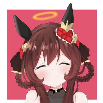 1girl absurdres animal_ears bare_shoulders blush braid braided_hair_rings brown_hair closed_eyes closed_mouth ear_covers ear_ornament facing_viewer gentildonna_(regina_dei_fiori)_(umamusume) gentildonna_(umamusume) hair_between_eyes hair_ornament hair_rings halo heart-shaped_ornament heart_ear_ornament highres horse_ears horse_girl joemi_jp long_hair portrait smile solo umamusume