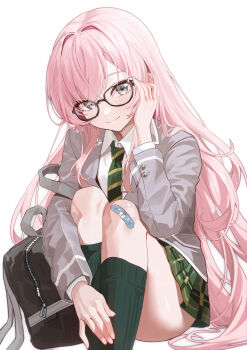 1girl absurdres amam_(64943468) bag bandaid bandaid_on_knee bandaid_on_leg bang_dream! bang_dream!_it's_mygo!!!!! black-framed_eyewear blazer chihaya_anon chinese_commentary closed_mouth collared_shirt commentary_request glasses green_necktie green_skirt grey_eyes grey_jacket hair_between_eyes hair_intakes hand_on_own_face hand_up haneoka_school_uniform highres jacket kneehighs knees_up long_hair long_sleeves looking_at_viewer miniskirt necktie pink_hair plaid_clothes plaid_skirt pleated_skirt school_bag school_uniform shirt simple_background sitting skirt smile socks solo striped_clothes striped_necktie very_long_hair white_background white_shirt