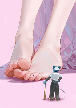 1boy 1girl absurdres bandaid bandaid_on_toe barefoot baseball_bat blood chinese_commentary close-up commentary_request feet foot_focus hand_on_own_hip highres injury legs liu_yongtai mini_person miniboy object_head original pants pink_theme planted planted_baseball_bat shadow shirt shoes signature toenails toes white_shirt white_shoes