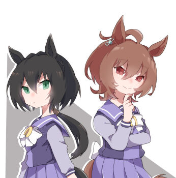 2girls agnes_tachyon_(umamusume) animal_ears beer_hsk black_hair bow brown_eyes brown_hair closed_mouth green_eyes grey_background hair_between_eyes horse_ears horse_girl horse_tail kin'iro_ryotei_(umamusume) low_ponytail multiple_girls outline pleated_skirt ponytail purple_shirt purple_skirt school_uniform shirt skirt smile tail tracen_school_uniform two-tone_background umamusume white_background white_bow white_outline