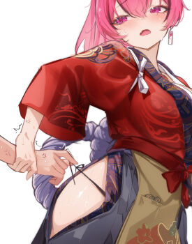 1girl 1other anger_vein apron black_hakama black_panties blush breasts brown_apron clothing_cutout commentary_request earrings goddess_of_victory:_nikke grabbing_another's_arm hakama heart heart-shaped_pupils highres holding_strap japanese_clothes jewelry kimono large_breasts mast_(nikke) mast_(romantic_maid)_(tea_service)_(nikke) official_alternate_costume open_mouth panties pink_eyes pink_hair red_kimono side_cutout simple_background symbol-shaped_pupils underwear ura_illust white_background