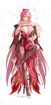 Rule 34 | 1girl, alternate breast size (larger), alternate costume, bare shoulders, black pantyhose, blonde hair, body markings, breasts, changli (wuthering waves), chinese commentary, closed mouth, colored inner hair, commentary request, dress, fingernails, full body, hair between eyes, hair extensions, hair ornament, hand up, holding, huge breasts, leg up, long hair, looking at viewer, mole, mole on breast, multicolored hair, nail polish, on stool, pantyhose, pelvic curtain, pink hair, red dress, red nails, ring hair extensions, shoes, sitting, skindentation, smile, solo, tacet mark (wuthering waves), thighband pantyhose, tsuki no i-min, white shoes, wuthering waves, yellow eyes