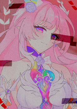 1girl bare_shoulders breasts cyrene_(honkai:_star_rail) cyrene_(demiurge)_(honkai:_star_rail) detached_sleeves dress earrings flower glitch hair_flower hair_ornament highres honkai:_star_rail honkai_(series) jewelry large_breasts looking_at_viewer pink_hair purple_eyes shadow single_earring solo user_nsgr5275 white_dress