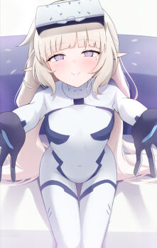 Rule 34 | 1girl, blue archive, bodysuit, brown hair, closed mouth, commentary request, cowboy shot, elf, happy aura, head-mounted display, himari (armed) (blue archive), himari (blue archive), incoming hug, light blush, long hair, looking at viewer, mole, mole under eye, no jacket, official alternate costume, pointy ears, purple eyes, reaching, reaching towards viewer, sitting, smile, solo, sopranino, variant set, white bodysuit