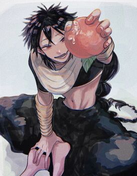 1boy arabian_clothes black_hair bracer braid braided_ponytail crop_top food fruit grey_background harem_pants highres holding holding_food holding_fruit judal long_hair magi_the_labyrinth_of_magic male_focus midriff navel open_mouth pants peach red_eyes simple_background single_braid sitting smile solo t_0nd