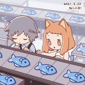 2girls animal_ears animated animated_gif brown_eyes brown_hair cat_day cat_ears cat_girl chibi chibi_only closed_eyes closed_mouth commentary_request conveyor_belt dated factory fish grey_hair indoors kawasaki_naoya looping_animation multiple_girls original production_line short_hair sleeping sleeping_upright sticker translation_request working