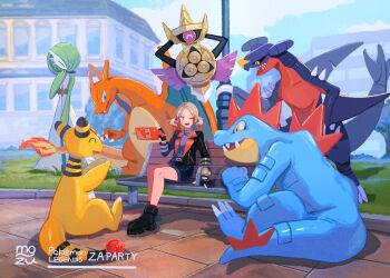 1girl aegislash alligator ampharos animal animal_hands belt bench black_boots boots cellphone charizard city creature crocodilian dragon english_text fangs feraligatr fire garchomp gardevoir gen_1_pokemon gen_2_pokemon gen_3_pokemon gen_4_pokemon gen_6_pokemon grass hand_on_own_face lamppost mega_stone mo~zu nintendo park park_bench phone pokemon pokemon_legends:_z-a road rotom rotom_phone shield shorts sitting smile street sword tag teeth weapon