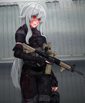 1girl absurdres acog angled_foregrip assault_rifle black_gloves black_pants black_shirt blood blood_on_clothes blood_on_face blood_on_hands commentary fingerless_gloves gloves gun hair_between_eyes highres holding holding_gun holding_weapon long_hair long_sleeves m4skedboi original pants parted_lips red_eyes rifle shaded_face shirt solo symbol-only_commentary very_long_hair weapon white_hair