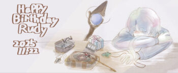 Rule 34 | 1boy, ahoge, aoringo3873, aqua heartia, book, box, gift, gift box, jewelry, mage staff, mushoku tensei, pendant, rudeus greyrat, sketch, sleeping, staff, wand