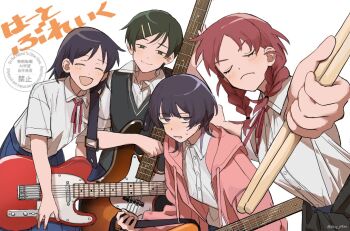 4girls :d bass_guitar black_eyes black_hair black_sweater_vest blue_skirt blunt_bangs braid brown_hair closed_eyes clothes_around_waist collared_shirt commentary dress_shirt drumsticks electric_guitar fender_jazz_bass fender_telecaster foreshortening frown fujii_ayame futsuu_no_keion-bu group_name guitar guitar_strap hair_ornament hairpin half-closed_eyes hatono_chihiro heartbreak_(futsuu_no_keion-bu) holding holding_bass_guitar holding_drumsticks holding_instrument holding_strap hood hood_down hooded_jacket instrument jacket kouyama_rin long_hair looking_at_viewer medium_hair mole mole_under_eye multicolored_hair multiple_girls neck_ribbon open_clothes open_jacket open_mouth parted_bangs phy_p9m pink_jacket pixie_cut pleated_skirt purple_eyes purple_hair red_ribbon ribbon school_uniform shirt shirt_tucked_in short_hair short_sleeves simple_background skirt smile summer_uniform sweater sweater_around_waist sweater_vest twin_braids twintails twitter_username two-tone_hair u_u uchida_momo upper_body v-shaped_eyebrows watermark white_background white_shirt wing_collar wolf_cut
