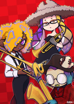 Rule 34 | 3girls, absurdres, artist name, black dress, black hat, black necktie, black pants, checkered background, collared shirt, dark-skinned female, dark skin, dress, gloves, grey gloves, grey hat, hat, highres, holding, holding instrument, holding saxophone, holding trombone, holding trumpet, instrument, kaeojay, long sleeves, looking at viewer, multiple girls, necktie, nintendo, orange hair, pants, patterned hair, plaid clothes, plaid shirt, pointy ears, purple eyes, red background, red shirt, saxophone, shirt, splatoon (series), splatoon 3, suspenders, tao blu, tosh (splatoon), trombone, trumpet, white shirt, yoko (splatoon)