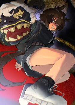 1girl animal_ears backpack bag black_socks breasts brown_hair ear_ornament grey_jacket grin hand_puppet highres horse_ears horse_girl horse_tail jacket looking_at_viewer looking_down necktie outstretched_arm puppet purple_eyes reaching reaching_towards_viewer shinko_windy_(umamusume) shoes short_hair short_shorts shorts small_breasts smile sneakers socks solo tail umamusume utsuru4 v-shaped_eyebrows white_shorts