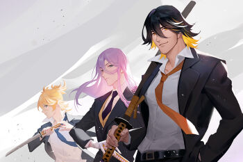 3boys adam&#039;s_apple belt black_belt black_jacket black_necktie blonde_hair blue_eyes blue_necktie closed_mouth collared_shirt fingernails grey_background hachisuka_kotetsu hand_in_pocket holding holding_sword holding_weapon jacket long_hair male_focus multiple_boys nagasone_kotetsu ncww_rinichi necktie orange_eyes orange_necktie pink_hair ponytail shirt sword touken_ranbu urashima_kotetsu weapon white_shirt