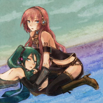backless backless_outfit backless_shirt bad_id bad_pixiv_id boots detached_sleeves green_hair hatsune_miku kneeling kno kno_(anahita) long_hair megurine_luka pink_hair thighhighs twintails vocaloid
