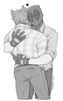 2boys arm_hair ass back collared_shirt commentary couple deadpool deadpool_&amp;_wolverine deadpool_(series) english_commentary facial_hair gloves heart highres hug k4nc_wolverine male_focus marvel marvel mask monochrome multiple_boys muscular muscular_male pants plaid_clothes plaid_shirt scar scars_all_over shirt short_hair too_many twitter_username wolverine_(x-men) x-men yaoi