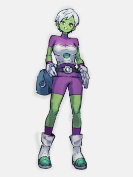 1girl bodysuit boots cheelai colored_skin dragon_ball dragon_ball_super dragon_ball_super_broly full_body gloves green_skin grey_background kemachiku looking_at_viewer pink_eyes purple_bodysuit short_hair simple_background solo standing white_boots white_gloves white_hair