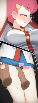 1girl akacolor blue_shorts breasts buttons closed_eyes commentary commission disembodied_hand hair_ornament hairclip hand_on_another&#039;s_thigh heart highres jacket nintendo parted_lips pink_hair pokemon pokemon_hgss short_shorts short_sleeves shorts skeb_commission sweat tearing_up thighs trembling white_jacket whitney_(pokemon)