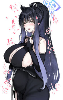 1girl animal_ear_fluff animal_ears black_bridal_gauntlets black_dress black_hair blue_archive blue_hair blue_halo breasts bridal_gauntlets china_dress chinese_clothes dress elbow_gloves gloves gradient_hair green_eyes halo highres huge_breasts kobazakura_mikoto long_hair looking_at_viewer multicolored_hair open_mouth ponytail pregnant shun_(blue_archive) sidelocks sleeveless sleeveless_dress solo tiger_ears tiger_girl very_long_hair