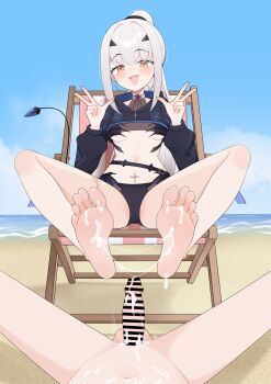 Rule 34 | 1girl, barefoot, beach, blush, censored, chair, clothed female nude male, cum, double v, fate/grand order, fate (series), feet, footjob, highres, long hair, lounge chair, melusine (fate), melusine (swimsuit ruler) (fate), nude, open mouth, ponytail, soles, toes, v, white hair, wl217 (nicexa111), yellow eyes