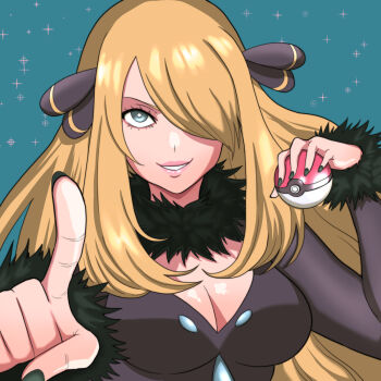 Rule 34 | 1girl, aqua background, black nails, blonde hair, breasts, ceroccb, cleavage, cynthia (pokemon), fur-trimmed sleeves, fur collar, fur trim, grin, hair ornament, hair over one eye, hand up, highres, holding, holding poke ball, lips, long bangs, long hair, long sleeves, looking at viewer, medium breasts, nintendo, parted lips, pointing, pointing at viewer, poke ball, pokemon, pokemon dppt, smile, solo, v-shaped eyebrows, very long hair