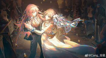 Rule 34 | 2girls, absurdres, bang dream!, bang dream! it's mygo!!!!!, black jacket, black necktie, black vest, blue eyes, breasts, bridal veil, brown hair, candle, cang (akaga204), chihaya anon, chinese commentary, chromatic aberration, closed mouth, commentary request, dancing, detached sleeves, dress, floating hair, grey eyes, grey pants, highres, holding hands, jacket, large breasts, long hair, long sleeves, mannequin, multiple girls, nagasaki soyo, necktie, open mouth, pants, pink hair, strapless, strapless dress, veil, vest, watermark, wedding dress, weibo watermark, white dress, wife and wife, yuri