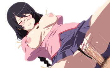 Rule 34 | 1boy, 1girl, akinoya, bakemonogatari, bar censor, black hair, blush, braid, breasts, censored, closed eyes, closed mouth, clothes lift, glasses, hanekawa tsubasa, hetero, highres, large breasts, long hair, male pubic hair, monogatari (series), nipples, partially unbuttoned, penis, pink shirt, pubic hair, purple skirt, pussy, sex, shirt, simple background, skirt, skirt lift, thighs, vaginal, variant set, white background