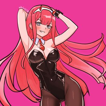 1girl armpits black_leotard black_pantyhose blue_eyes breasts cleavage contrapposto covered_navel darling_in_the_franxx detached_collar floating_hair hairband highres horns leotard long_hair looking_at_viewer medium_breasts necktie pantyhose papacat pink_background red_hair red_necktie red_pupils short_necktie signature simple_background solo strapless strapless_leotard very_long_hair white_hairband zero_two_(darling_in_the_franxx)