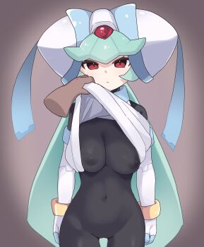 1girl black_bodysuit bodysuit breasts brown_background clothes_lift cowboy_shot disembodied_hand forehead_jewel green_hair helmet highres large_breasts long_hair mega_man_(series) mega_man_zx model_w_(mega_man) pandora_(mega_man) r_(user_pzzt2437) red_eyes shirt_lift simple_background solo_focus white_helmet