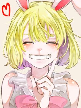 1girl ^_^ absurdres animal_ears blonde_hair blunt_bangs blush bob_cut bow bowtie carrot_(one_piece) closed_eyes commentary heart highres one_piece rabbit_ears rabbit_girl simple_background sleeveless smile solo u_mi031 upper_body