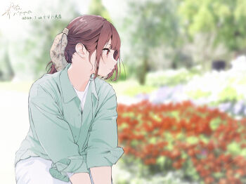 1girl blue_shirt blurry blurry_background brown_eyes brown_hair closed_mouth commentary_request dated gohannanaki highres kohinata_mika long_hair real_life shirt solo three-quarter_sleeves translation_request voice_actor