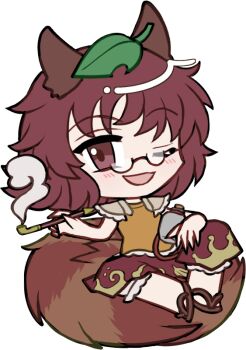 1girl :d ;d animal_ears bloomers blush brown-framed_eyewear brown_eyes brown_hair brown_sandals brown_shirt brown_skirt chibi chibi_only full_body futatsuiwa_mamizou glasses hand_up holding holding_smoking_pipe leaf leaf_on_head looking_at_viewer mirei_(miirei) one_eye_closed open_mouth pince-nez raccoon_ears raccoon_girl raccoon_tail sandals semi-rimless_eyewear shirt short_hair short_sleeves simple_background sitting sitting_on_own_tail skirt smile smoking_pipe solo tail touhou transparent_background under-rim_eyewear underwear white_bloomers
