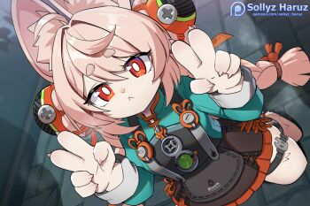 1girl :< animal_ear_fluff animal_ears animal_hands artist_name black_dress blue_shirt braid bright_pupils closed_mouth commentary double_v dress english_commentary furry furry_female hair_ornament hands_up kneeling long_hair long_sleeves looking_at_viewer paid_reward_available patreon_logo patreon_username pinafore_dress pink_fur pink_hair rabbit_ears rabbit_girl red_eyes shirt sleeveless sleeveless_dress sollyz solo sphere_hair_ornament thick_eyebrows thigh_strap twin_braids v white_pupils zenless_zone_zero zhao_(zenless_zone_zero)