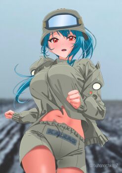 Rule 34 | 1girl, blue hair, blurry, blurry background, breasts, buhanochka z, clenched hands, clothes writing, combat helmet, cyrillic, green jacket, green shirt, green shorts, helmet, highres, jacket, kamaz, kamaz-chan, large breasts, long hair, military, navel, open mouth, original, personification, road, running, russian commentary, russian ground forces, russian text, russo-ukrainian war, shirt, shorts, sky, stomach, thighs