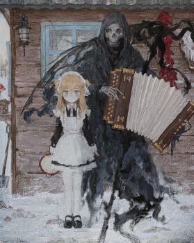 1girl accordion animal_skull apron arms_at_sides black_cloak black_dress black_shoes blonde_hair cabin chunkyeggy cloak collared_dress commentary death_(entity) dress english_commentary faux_traditional_media full_body grey_eyes grim_reaper hair_between_eyes highres holding holding_instrument instrument long_hair long_sleeves looking_at_viewer maid maid_apron maid_headdress mary_janes original outdoors pantyhose scythe shoes shovel skeleton snow standing tambourine two_side_up white_apron white_pantyhose