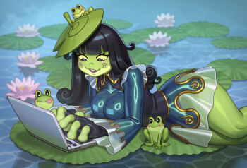 1girl black_gloves black_hair blunt_bangs breasts colored_sclera colored_skin commentary computer dress english_commentary fewer_digits fingerless_gloves flower frog_girl frog_on_head full_body furawgi furry furry_female gloves green_dress green_eyes green_skin highres indie_virtual_youtuber laptop large_breasts lily_pad long_hair long_sleeves lying on_side open_mouth pink_flower riz see-through_skirt_layer shiny_clothes short_dress smile solo teeth typing upper_teeth_only virtual_youtuber water water_lily_flower yellow_sclera