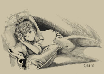 Rule 34 | 1girl, absurdres, angel wings, arm up, blue archive, breasts, closed mouth, commentary, completely nude, couch, dated, expressionless, feathered wings, flower, greyscale, groin, hair bun, hair flower, hair ornament, hair ribbon, halo, heart, heart necklace, highres, jewelry, jomski 27, lips, long hair, low wings, lying, mika (blue archive), monochrome, navel, necklace, nipples, nude, on side, pillow, ribbon, rose dewitt bukater, single side bun, solo, stomach, thighs, titanic (movie), traditional media, wings