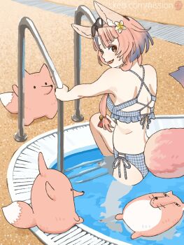 1girl animal animal_ears ass bare_shoulders barefoot bikini blue_bikini brown_eyes climbing eyewear_on_head fangs flower fox fox_ears fox_girl fox_tail frilled_bikini frills hair_ornament highres long_hair looking_at_viewer looking_back mashiro_ka nail_polish open_mouth original outdoors pink_hair plaid_bikini plaid_clothes pool pool_ladder poolside short_hair side-tie_bikini_bottom smile solo summer sunglasses swimsuit tail toenail_polish toenails water
