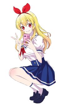 1girl aikatsu! aikatsu!_(series) alternate_breast_size_(larger) black_shoes blonde_hair blue_skirt blush bow breasts bright_pupils commentary_request dot_nose from_side full_body hairband hand_up hinayanoko holding holding_phone hoshimiya_ichigo large_breasts legs_together loafers long_hair miniskirt phone red_bow red_eyes red_hairband red_ribbon ribbon sailor_collar school_uniform shirt_tucked_in shoes short_sleeves simple_background skirt smile socks solo squatting starlight_academy_school_uniform straight_hair tiptoes v white_background white_sailor_collar white_shoes white_socks