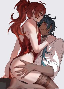 Rule 34 | 2boys, alternate costume, ass, black choker, black thighhighs, blue hair, blush, choker, closed mouth, collared shirt, commentary, corrupted twitter file, crossdressing, crossdressing (mtf), dark-skinned male, dark skin, diluc (genshin impact), earrings, eyepatch, genshin impact, grey hair, hand on another's ass, hashtag-only commentary, high ponytail, highres, inseki, jewelry, kaeya (genshin impact), long hair, looking at another, male focus, multiple boys, ponytail, red hair, shirt, sleeves rolled up, step-siblings, thighhighs, white hair, yaoi, zehuij