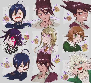 Rule 34 | 1girl, 5boys, ahoge, akamatsu kaede, annoyed, black jacket, black scarf, blonde hair, blood, blood drip, blood from mouth, blood on face, blue hair, blush, breasts, brown hair, brown necktie, checkered clothes, checkered scarf, clenched teeth, closed mouth, coat, coat partially removed, collarbone, collared coat, collared jacket, collared shirt, commentary request, cropped torso, crying, crying with eyes open, danganronpa: trigger happy havoc, danganronpa (series), danganronpa 2: goodbye despair, danganronpa v3: killing harmony, delidelidelic, dot nose, english text, eyelashes, facial hair, flustered, flying sweatdrops, fortissimo, frown, fujisaki chihiro, gakuran, goatee, green eyes, green jacket, green ribbon, grey background, grey jacket, grey shirt, hair between eyes, hair ornament, hairclip, high collar, hood, hood down, hooded jacket, horrified, jacket, komaeda nagito, lapels, long hair, long hair between eyes, messy hair, momota kaito, multiple boys, multiple expressions, multiple views, musical note, musical note hair ornament, neck ribbon, necktie, nervous sweating, no coat, notched lapels, oma kokichi, open clothes, open jacket, open mouth, pale skin, parted lips, pectoral cleavage, pectorals, pink blood, pinstripe jacket, pinstripe pattern, pout, purple coat, purple eyes, purple hair, purple vest, ribbon, sad, saihara shuichi, scarf, school uniform, shirt, short hair, spiked hair, streaming tears, sweat, tears, teeth, tongue, tongue out, two-tone scarf, unamused, v-neck, vest, white hair, white scarf, white shirt, yellow eyes