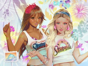 2girls aqua_background artist_name black_eyeliner blonde_hair blue_background blue_bra blue_eyes blue_hairband bra bra_peek bracelet breasts brown_eyes brown_hair chromatic_aberration cleavage closed_mouth clothes_writing collarbone commentary cropped_shirt dark-skinned_female dark_skin earrings eyelashes eyeliner eyeshadow fascinator fingernails floating_hair floral_background flower gradient_background hair_flower hair_ornament hairband hibiscus highres hoop_earrings jewelry lips lipstick long_fingernails long_hair looking_at_viewer makeup midriff multicolored_bra multicolored_eyeshadow multiple_girls nail_polish orange_eyeshadow parted_hair phoneafrog pink_background pink_eyeshadow pink_lips pinkpantheress plaid_bra plaid_clothes plaid_hairband postcard print_shirt real_life red_bra red_flower red_nails ring screentones shirt skirt small_breasts sparkle_print straight_hair sun_print symbol-only_commentary t-shirt tank_top tight_clothes tight_shirt underwear upper_body w_arms white_bra white_flower white_shirt white_tank_top wispy_bangs y2k_fashion yellow_background yellow_eyeshadow zara_larsson