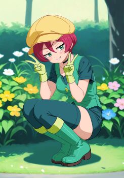 1girl blonde_hair blurry blush boots commentary_request day double_v flower full_body georgia_(pokemon) gloves grass green_boots green_eyes green_gloves green_vest grin hair_between_eyes hands_up hat highres mori_hayaki nintendo outdoors pokemon pokemon_(anime) pokemon_bw_(anime) shirt short_sleeves skirt smile solo squatting teeth thighhighs v vest yellow_hat