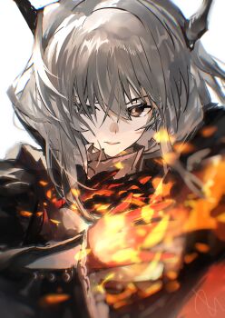 1girl absurdres arknights black_eyes black_horns black_jacket chromatic_aberration commentary fire grey_hair hair_between_eyes hair_over_one_eye highres horns jacket long_sleeves magic parted_lips pyrokinesis short_hair signature simple_background solo sudadachi talulah_(arknights) upper_body white_background