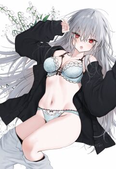 Rule 34 | 1girl, :o, black cardigan, blue bra, blue panties, bra, cardigan, fangs, flower, grey hair, highres, lace, lace-trimmed bra, lace-trimmed panties, lace trim, long hair, navel, open cardigan, open clothes, original, panties, pants, red eyes, simple background, solo, twitter username, underwear, white background, white flower, white pants, yoruhoshi owl