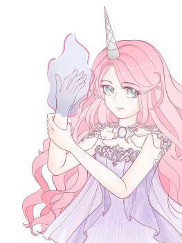 Rule 34 | 1girl, absurdres, ad lunam (shining nikki), bare arms, beads, chinese commentary, chunpiao, commentary request, dress, expressionless, eyelashes, eyes visible through hair, fake horns, grey eyes, highres, holding own wrist, horns, jewelry, layered dress, light frown, lipstick, long hair, looking at viewer, magic, makeup, necklace, nikki (nikki), nikki (series), pink hair, pink lips, purple dress, shining nikki, simple background, solo, strapless, strapless dress, striped clothes, striped dress, unicorn horn, upper body, vertical-striped clothes, vertical-striped dress, very long hair, wavy hair, white background, white horns