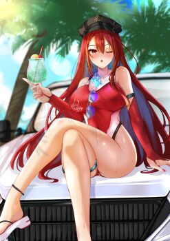 1girl :o absurdres black_hat blush breasts car crossed_legs cup elizabeth_rose_bloodflame elizabeth_rose_bloodflame_(holonatsu_paradise) eyewear_hang feet fire_on_chest flip-flops hat highres holding holding_cup hololive hololive_english large_breasts long_hair looking_at_viewer midoridama motor_vehicle on_car one-piece_swimsuit one_eye_closed palm_tree police_hat red_eyes red_hair red_one-piece_swimsuit sandals sitting solo sunglasses swimsuit thigh_strap tree unworn_eyewear very_long_hair virtual_youtuber