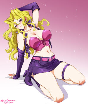 Rule 34 | 1girl, arm up, belt, blonde hair, boots, breasts, cleavage, collarbone, crop top, detached sleeves, earrings, full body, hair intakes, highres, hoop earrings, jewelry, kneeling, kujaku mai, large breasts, leaning back, long hair, mina cream, miniskirt, pencil skirt, pink background, pink belt, purple boots, purple eyes, purple skirt, skirt, solo, thigh strap, thighs, very long hair, wavy hair, yu-gi-oh!, yu-gi-oh! duel monsters